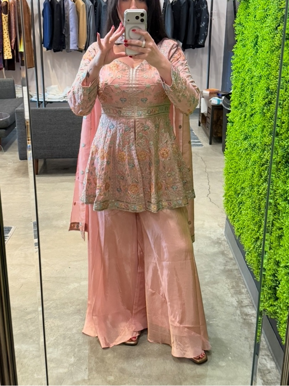 Krhysiv Peach Pink Embroidered Peplum Kurta Set - Gharara / Palazzo Pants 40